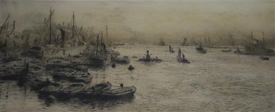 William Lionel Wyllie - etching, On The Thames 16 x 38cm.